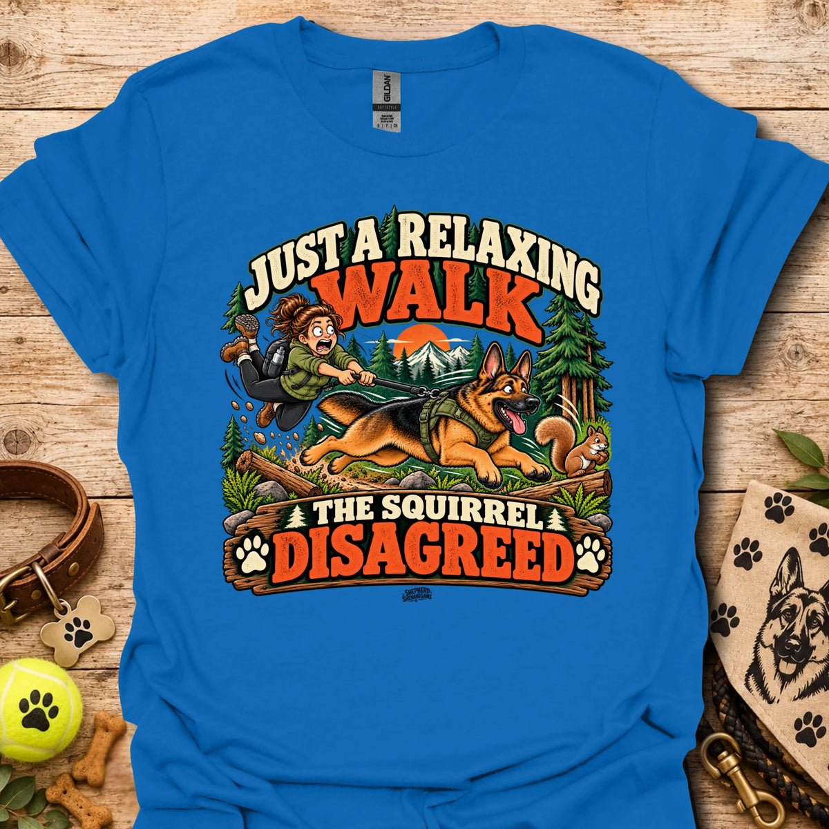Royal blue crew-neck t-shirt with colorful 'Just a Relaxing Walk' and squirrel graphic