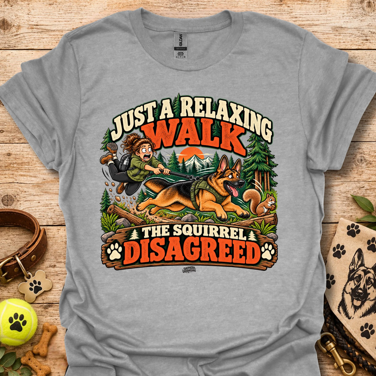 Sport gray crew-neck t-shirt with colorful 'Just a Relaxing Walk' and squirrel graphic