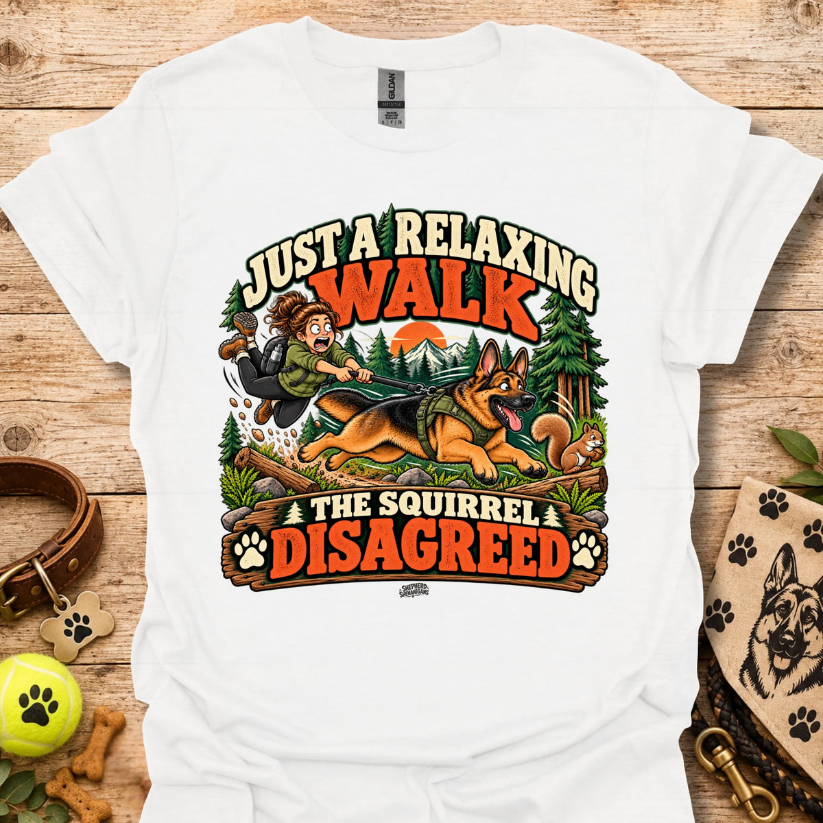 White crew-neck t-shirt with colorful 'Just a Relaxing Walk' and squirrel graphic