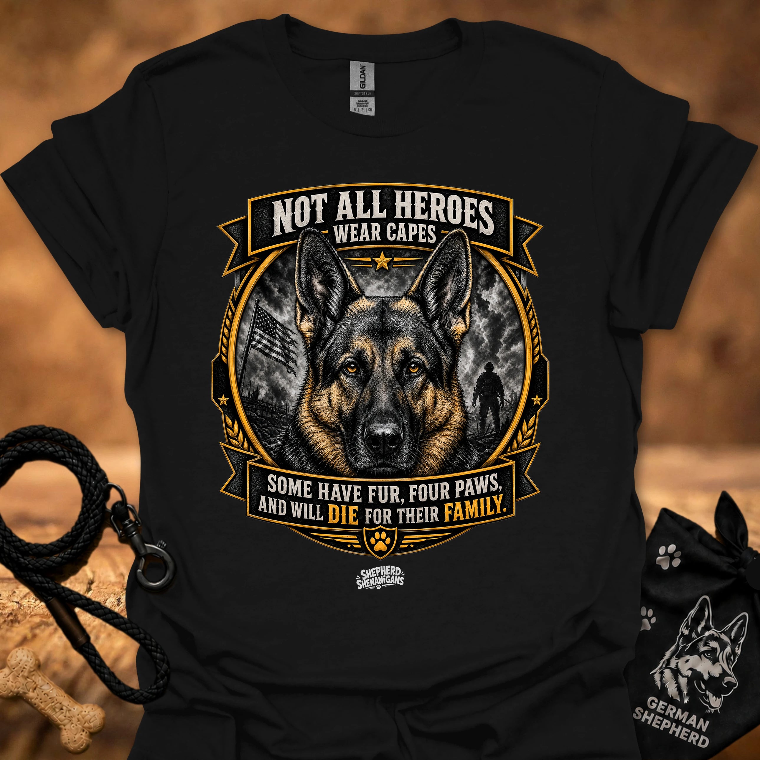 Black T-shirt with German shepherd crest and ribbon graphic