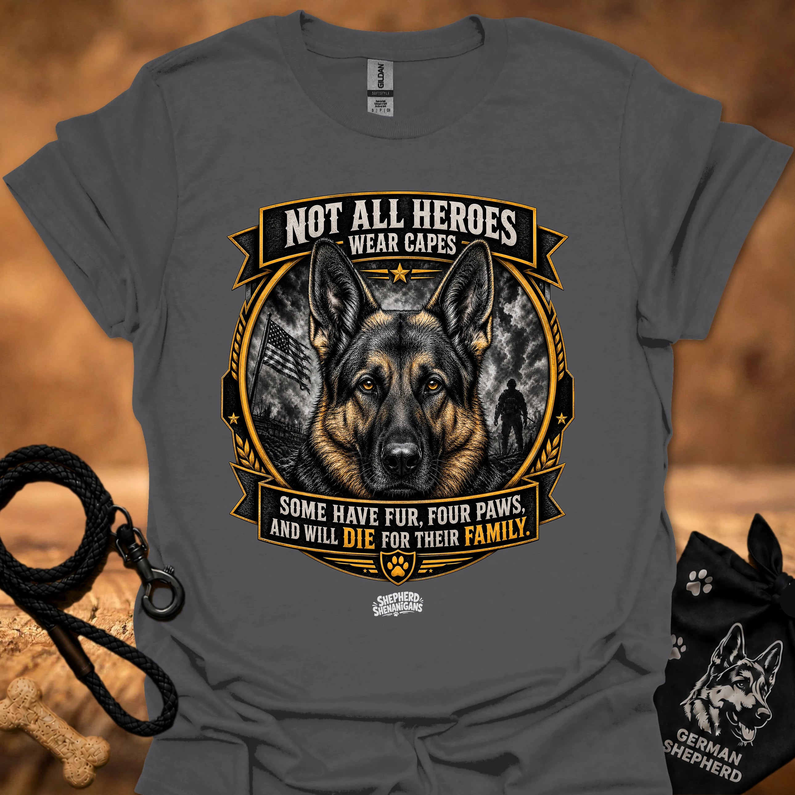 Heather indigo T-shirt with German shepherd crest and ribbon graphic