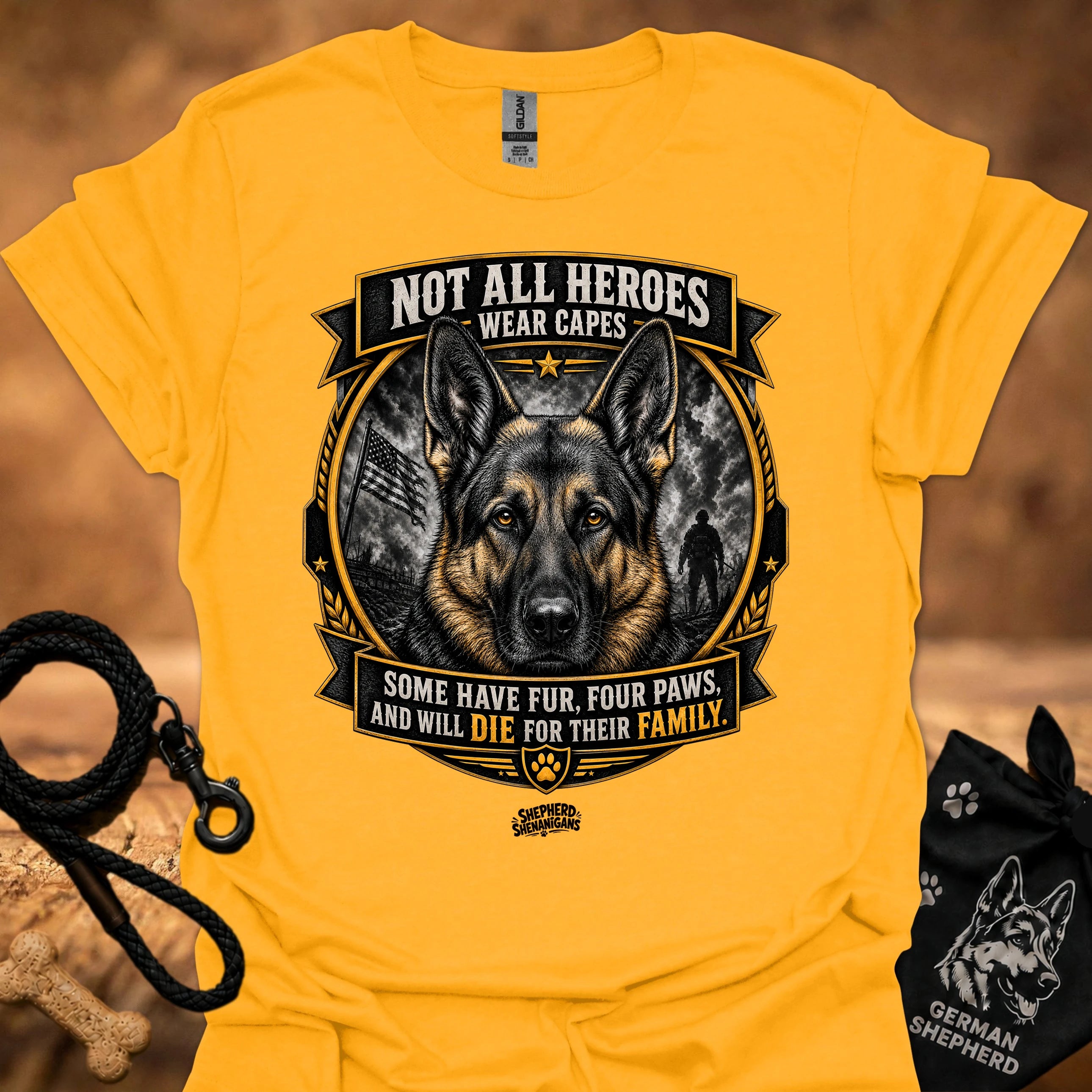 Gold/yellow T-shirt with German shepherd crest and ribbon graphic