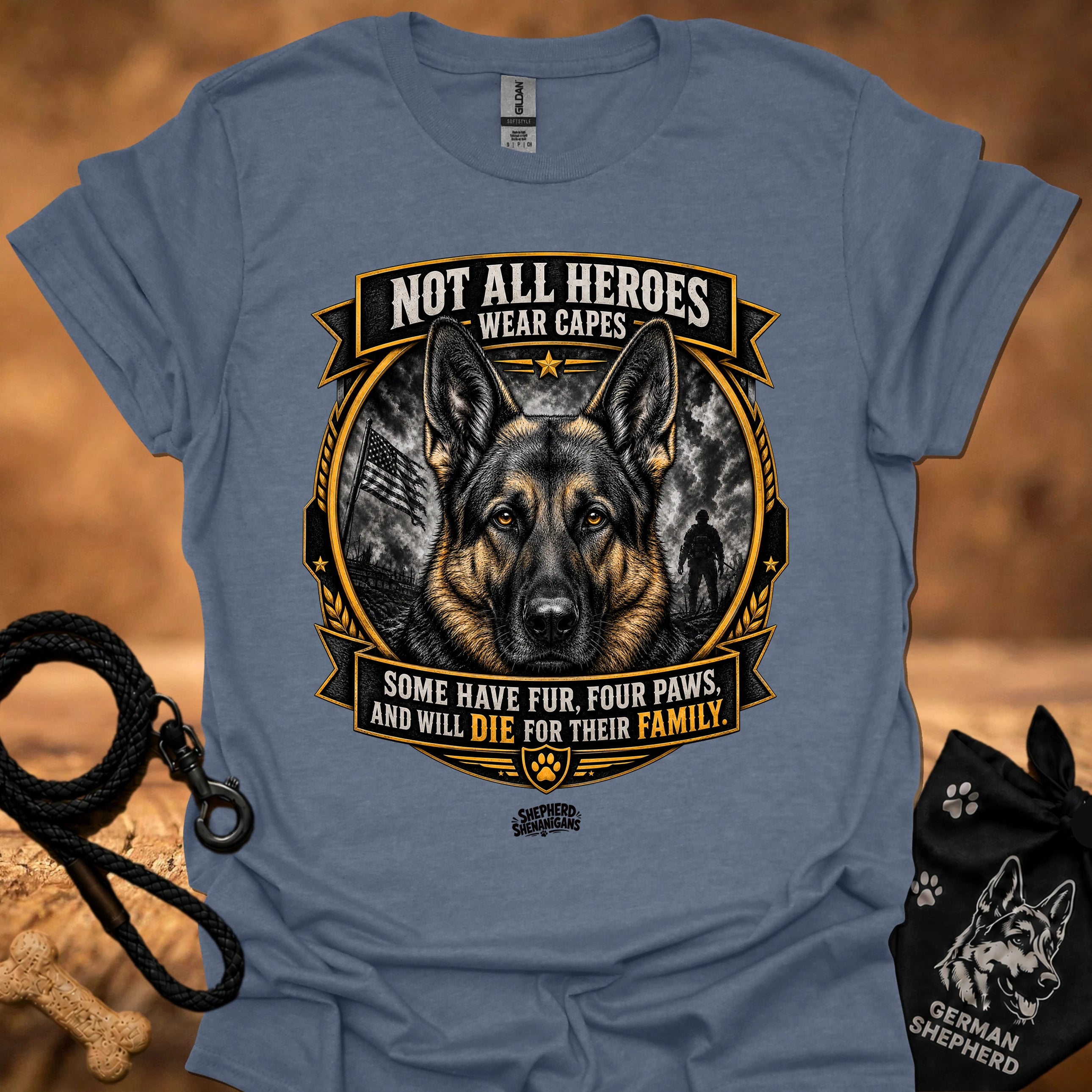 Slate blue T-shirt with German shepherd crest and ribbon graphic