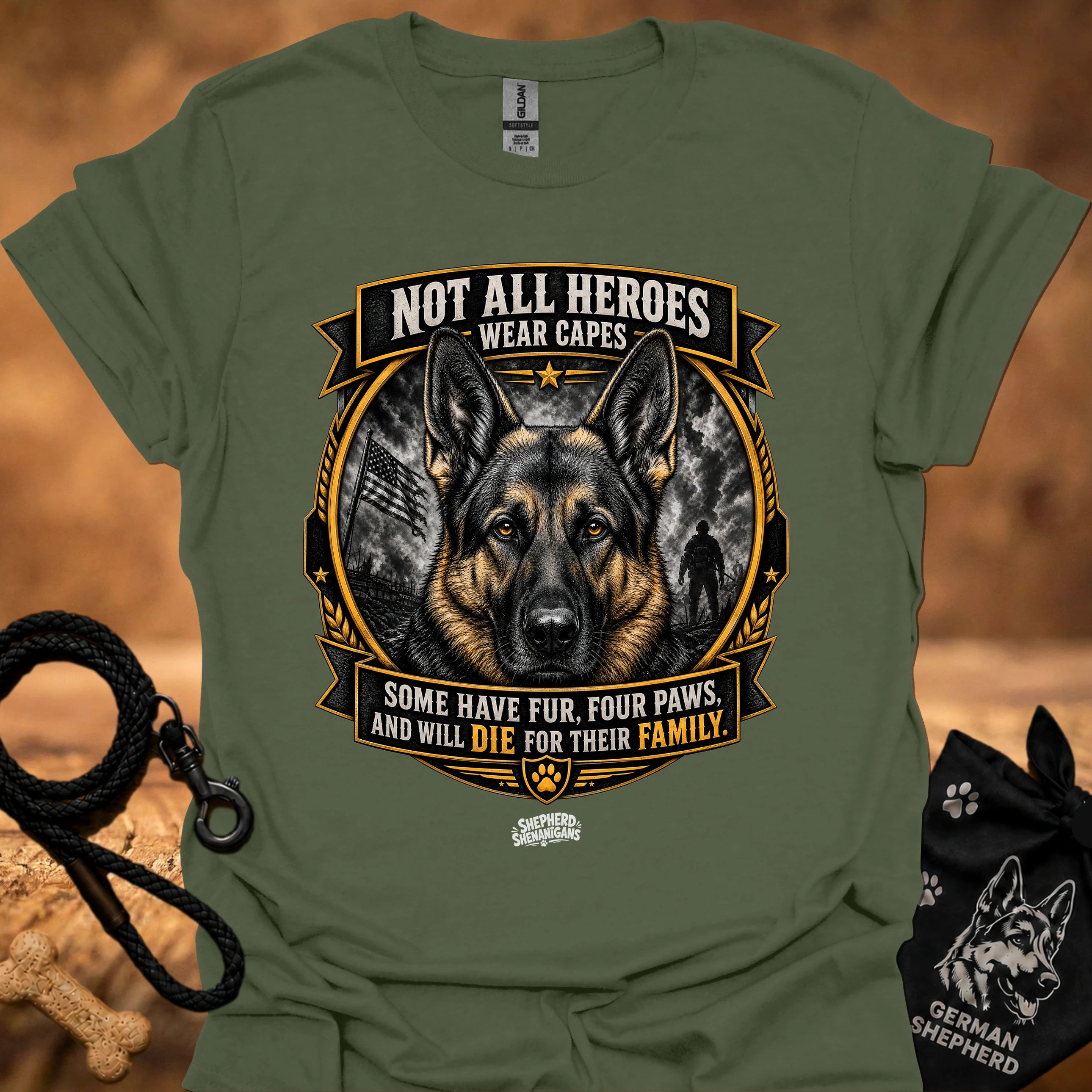 Military green T-shirt with German shepherd crest and ribbon graphic