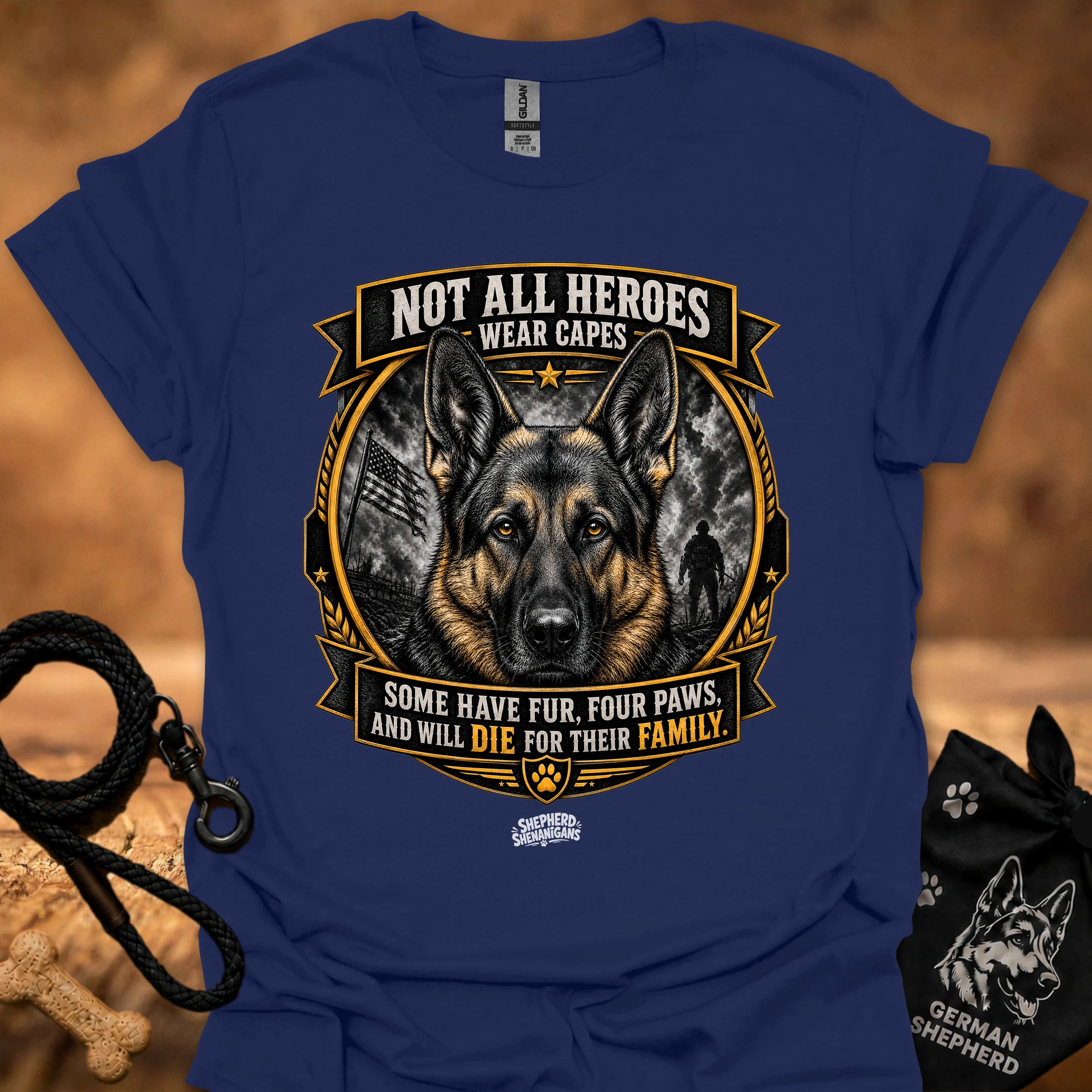 Navy T-shirt with German shepherd crest and ribbon graphic