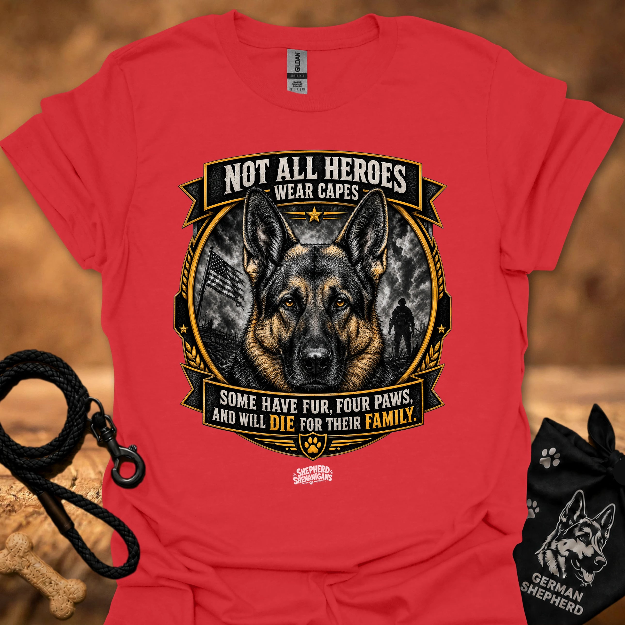 Red T-shirt with German shepherd crest and ribbon graphic