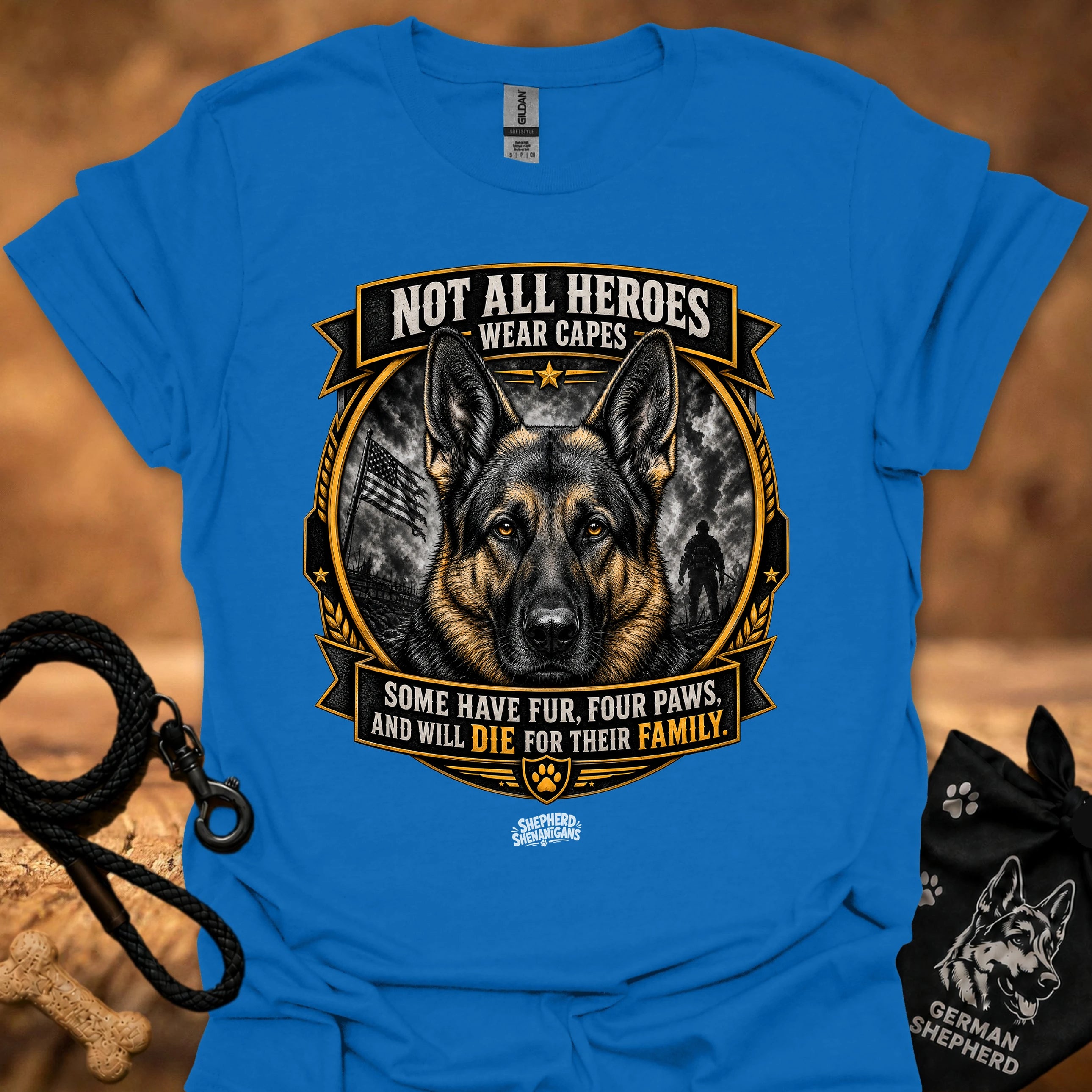 Royal blue T-shirt with German shepherd crest and ribbon graphic