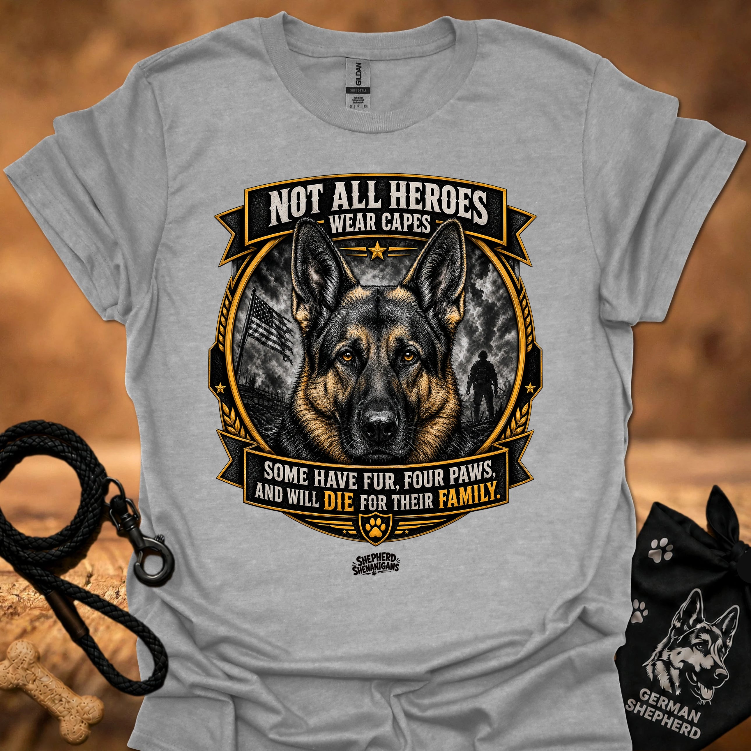 Light gray T-shirt with German shepherd crest and ribbon graphic