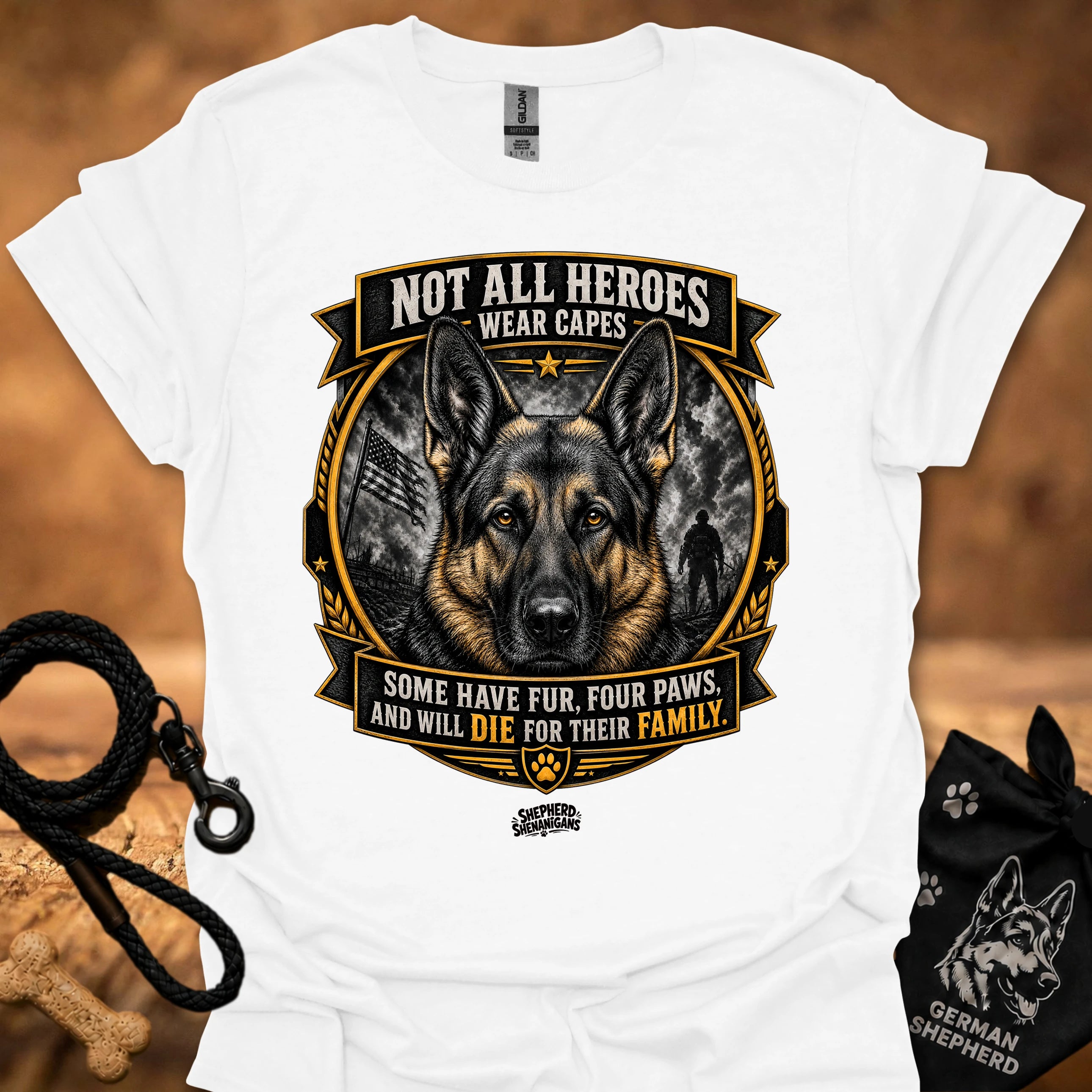 White T-shirt with German shepherd crest and ribbon graphic