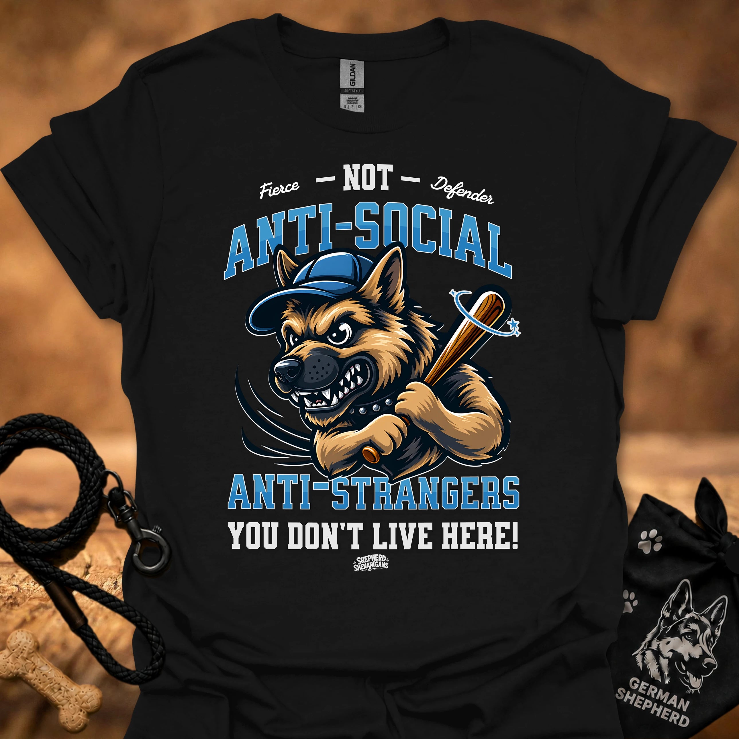 Black graphic T-shirt with snarling dog, sword icon, and anti-social slogan on front