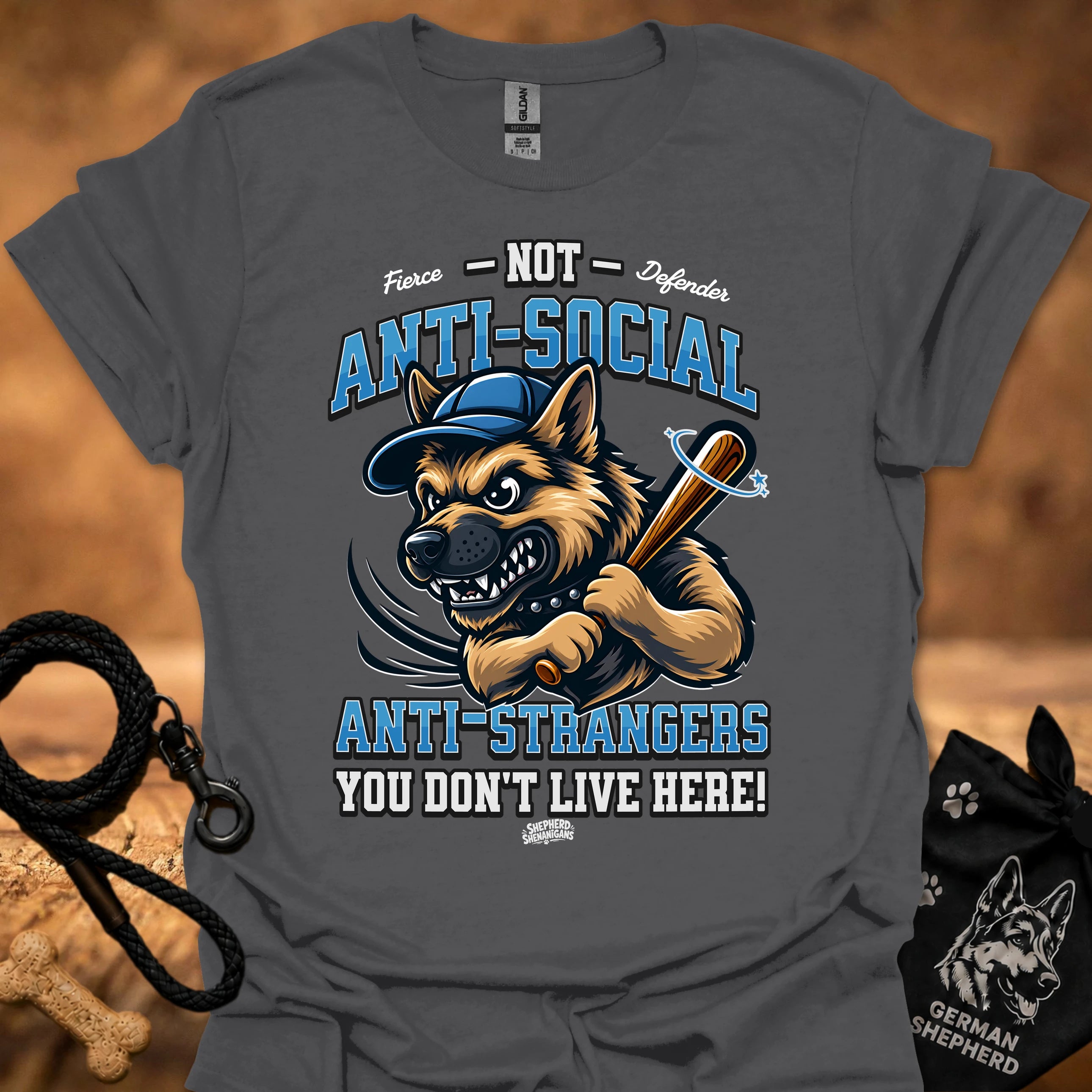 Charcoal gray graphic T-shirt with snarling dog and bold anti-social lettering