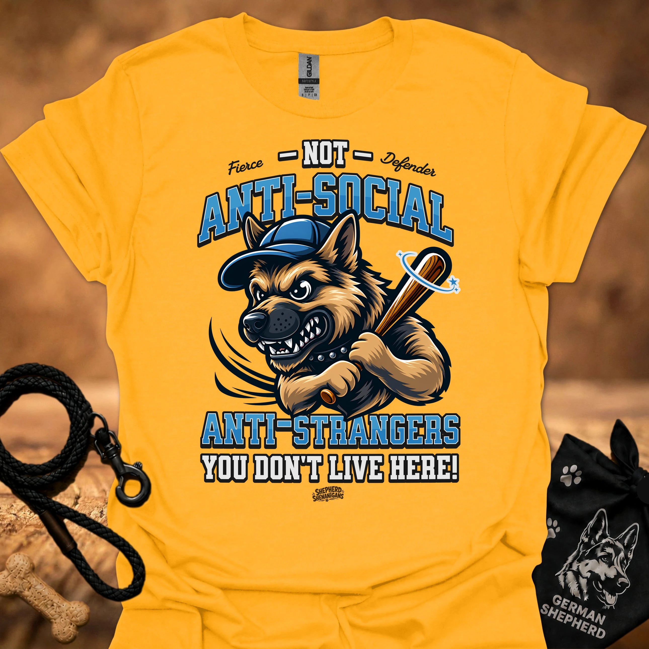 Mustard yellow graphic T-shirt with snarling dog and anti-social lettering on front