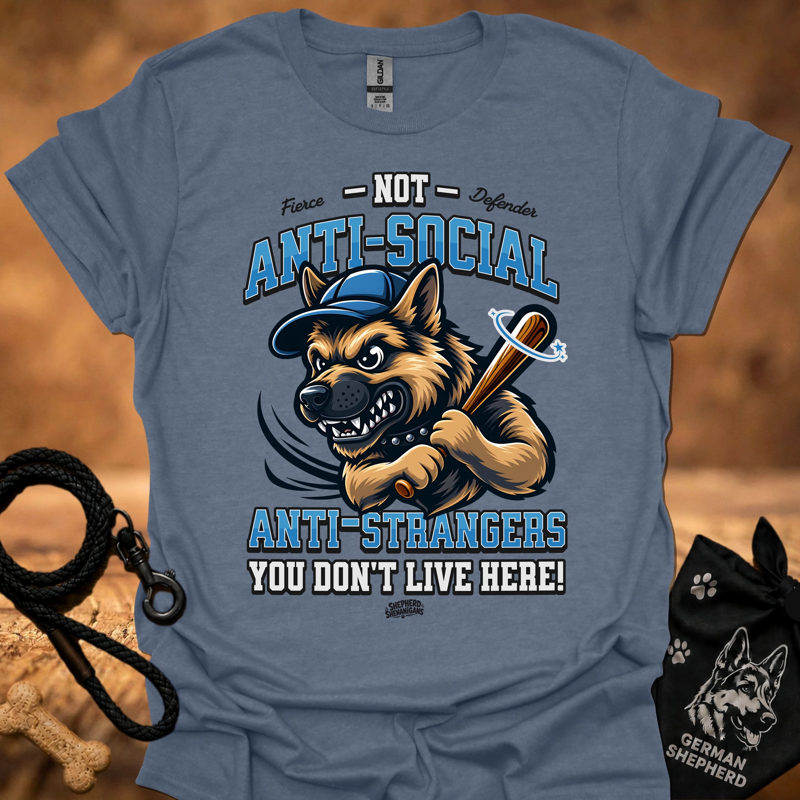 Steel blue graphic T-shirt with snarling dog, sword icon, and anti-social phrase