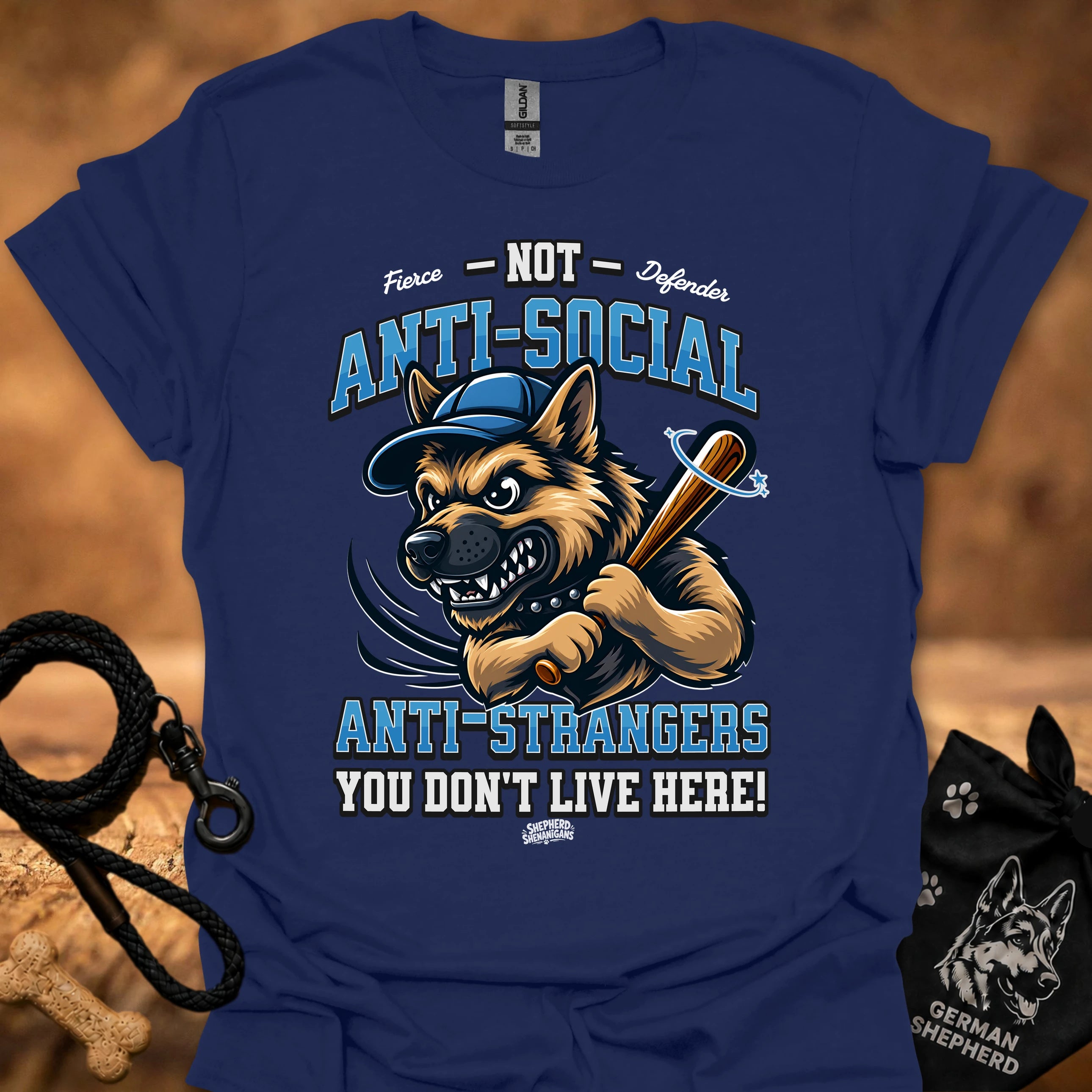 Navy blue graphic T-shirt with snarling dog, sword, and anti-social front text