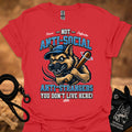 Red graphic T-shirt featuring a snarling dog head and anti-social phrase on front