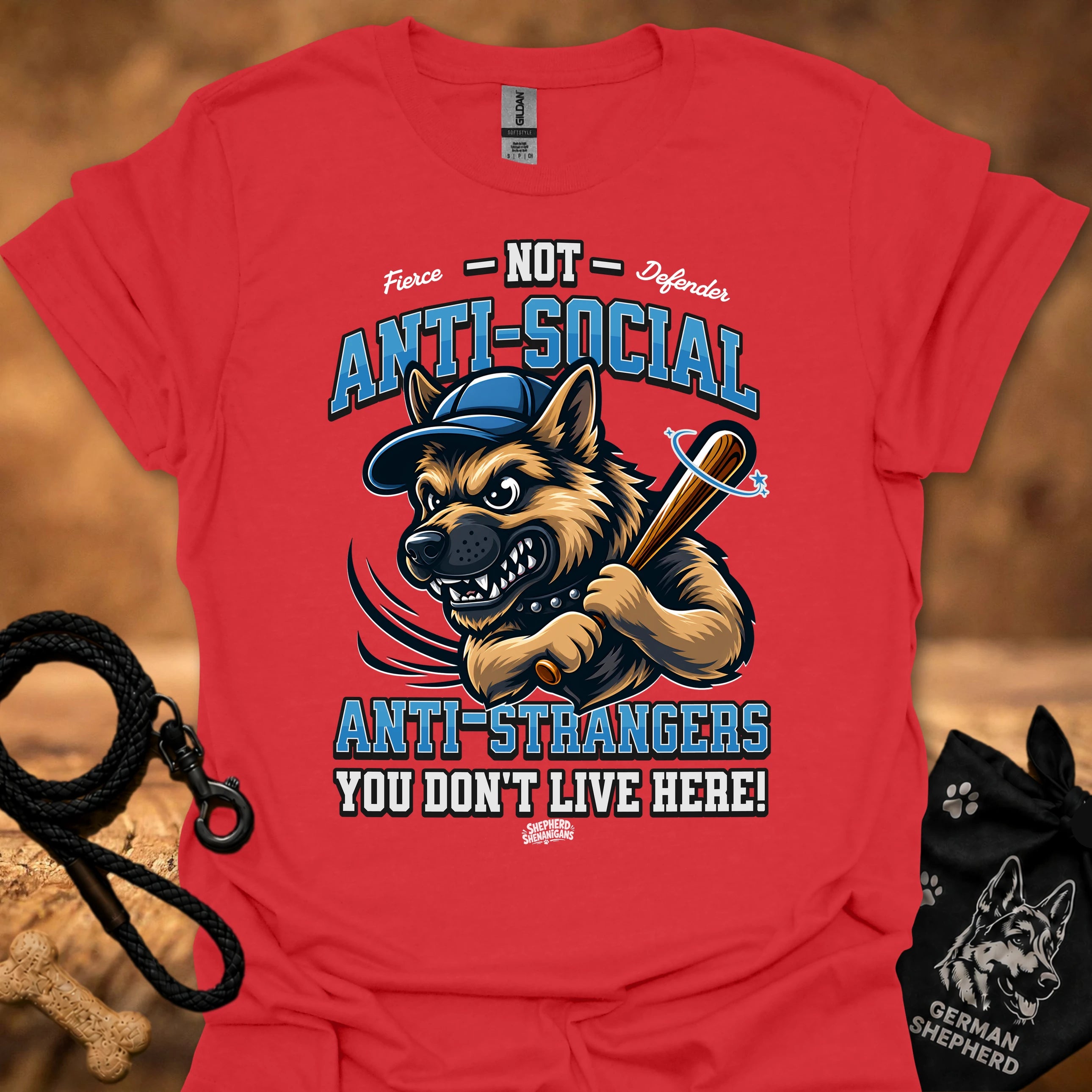 Red graphic T-shirt featuring a snarling dog head and anti-social phrase on front