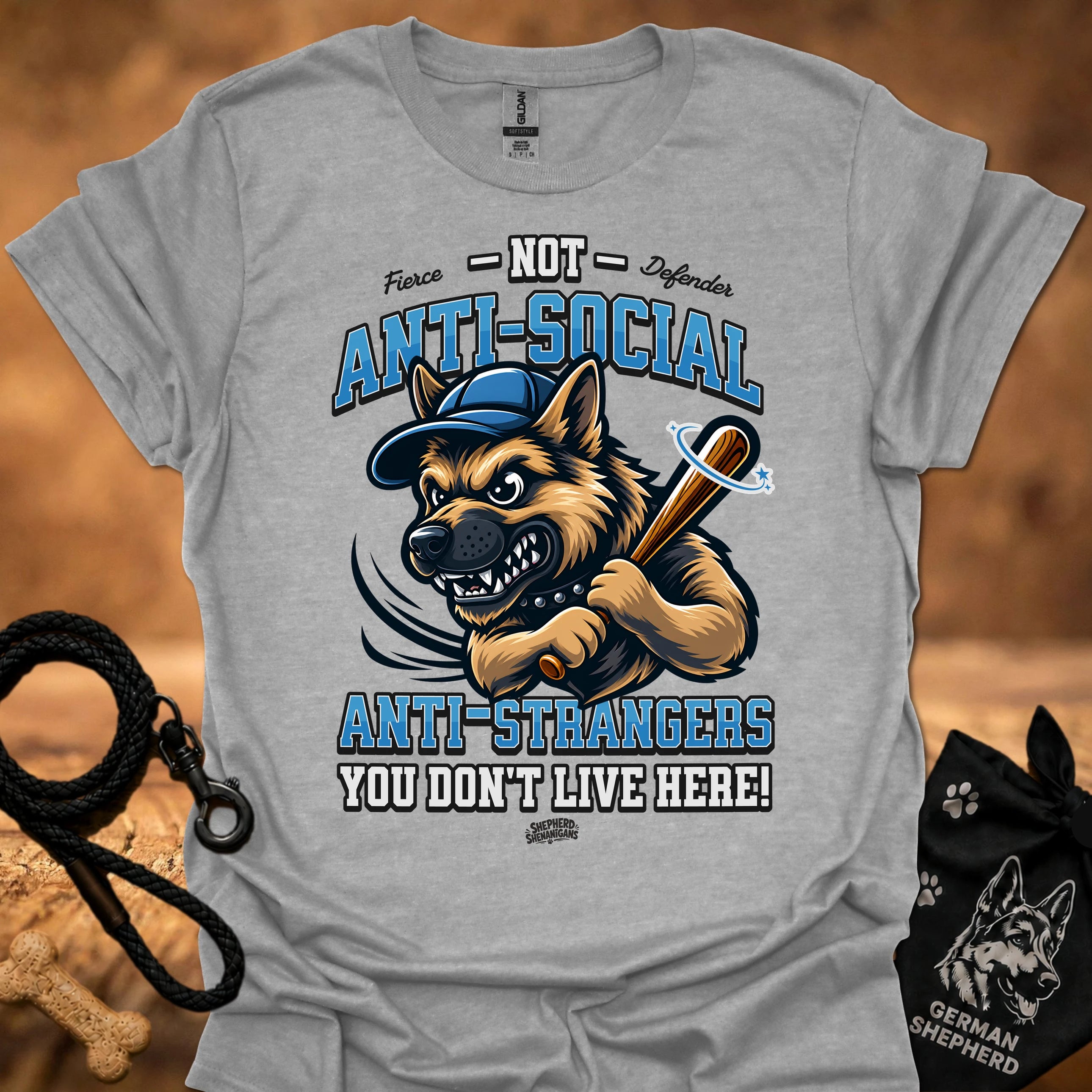 Light gray graphic T-shirt with snarling dog, sword icon, and anti-social front text