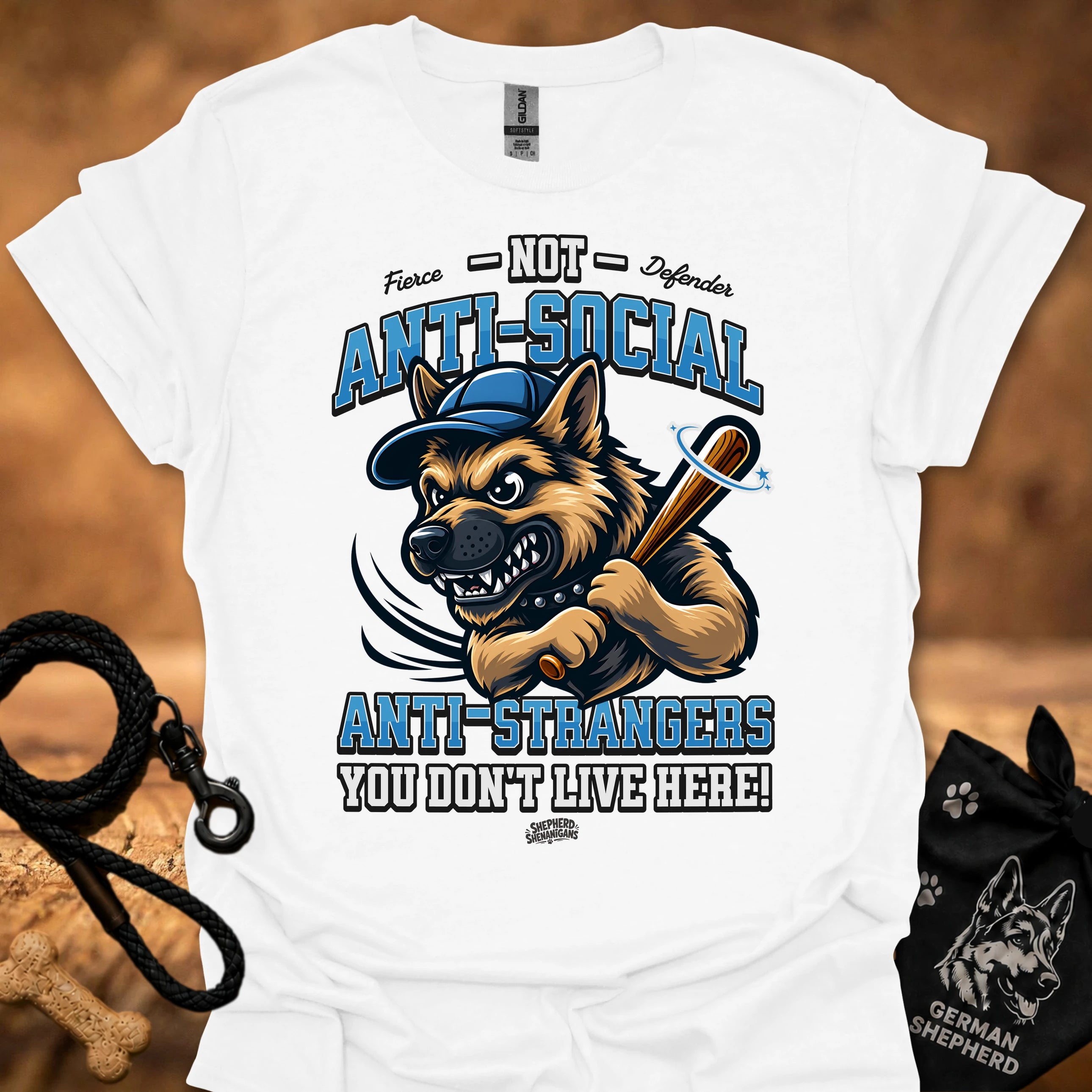 White graphic T-shirt with snarling dog face, sword icon, and anti-social lettering