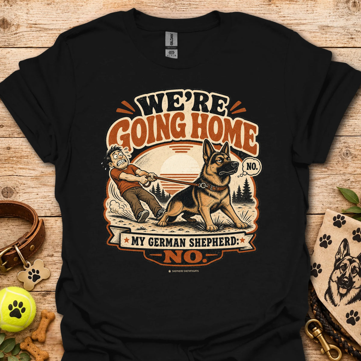 Black T-shirt with German shepherd graphic and 'WE'RE GOING HOME' print