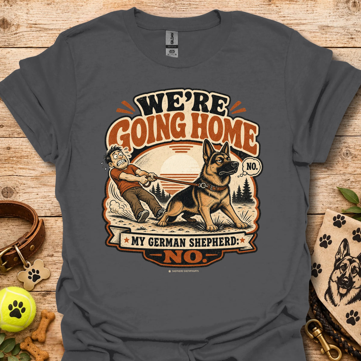 Dark gray T-shirt with German shepherd graphic and 'WE'RE GOING HOME' print