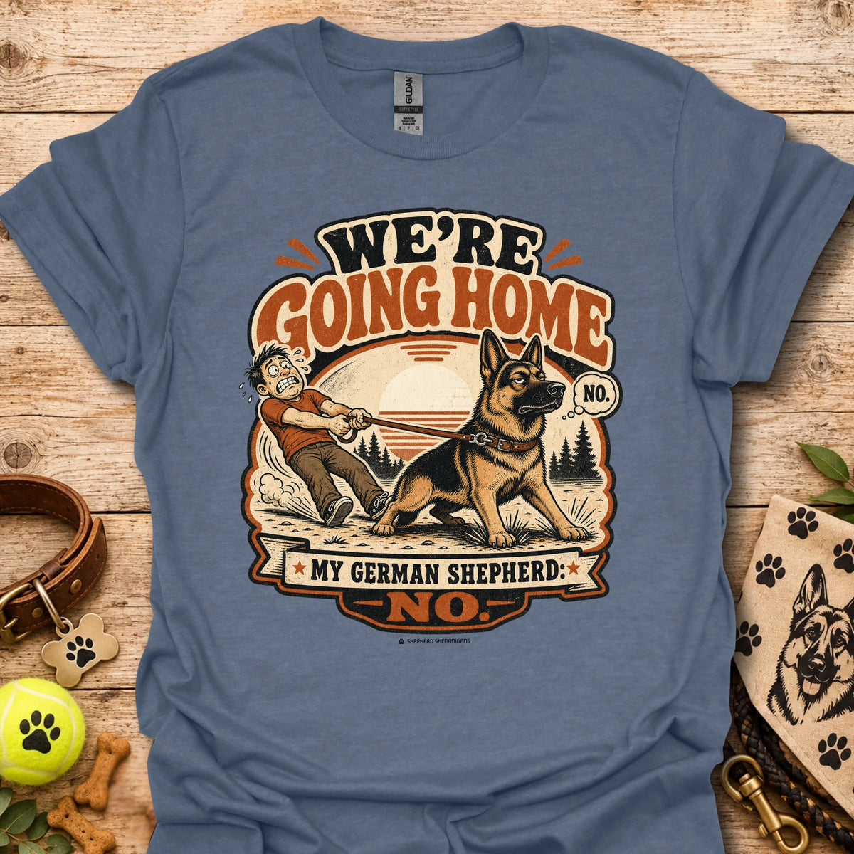 Steel blue T-shirt with German shepherd graphic and 'WE'RE GOING HOME' print