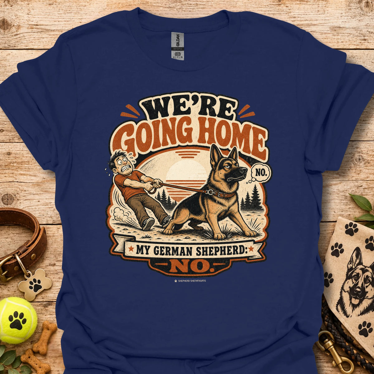 Navy T-shirt with German shepherd graphic and 'WE'RE GOING HOME' print