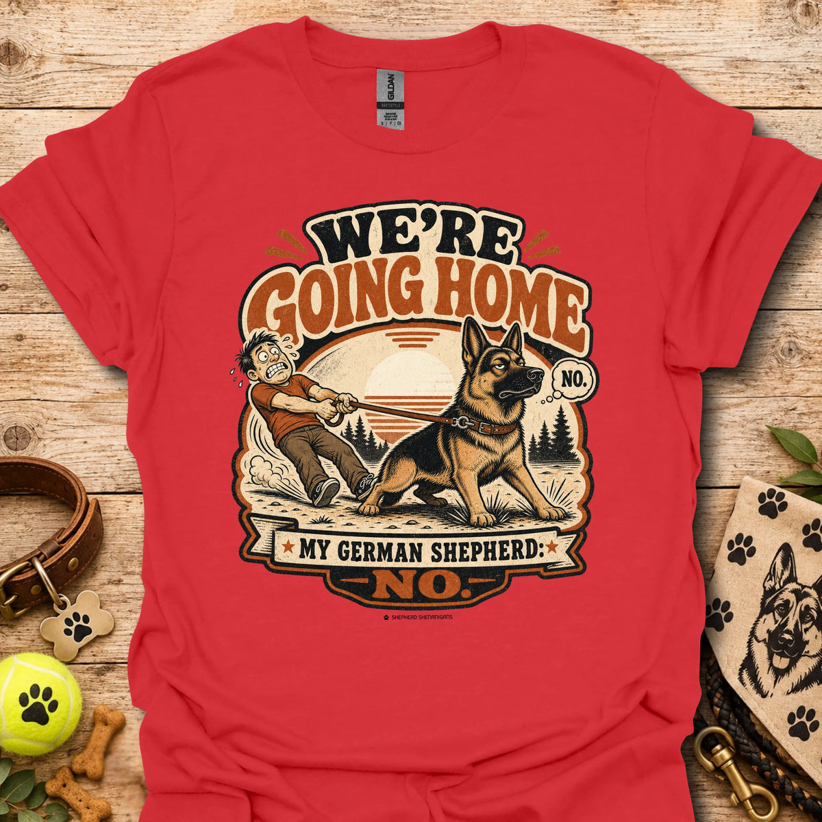 Red T-shirt with German shepherd graphic and 'WE'RE GOING HOME' print