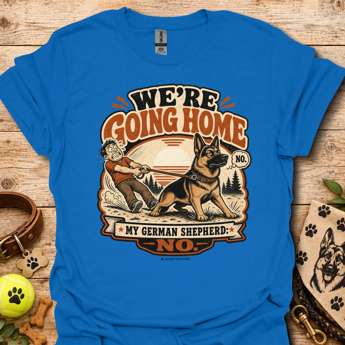 Royal blue T-shirt with German shepherd graphic and 'WE'RE GOING HOME' print