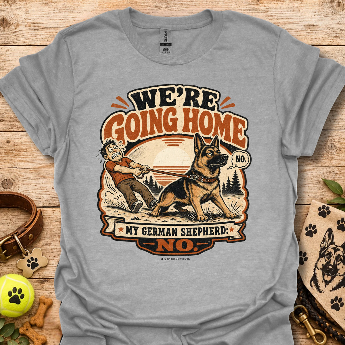 Heather gray T-shirt with German shepherd graphic and 'WE'RE GOING HOME' print