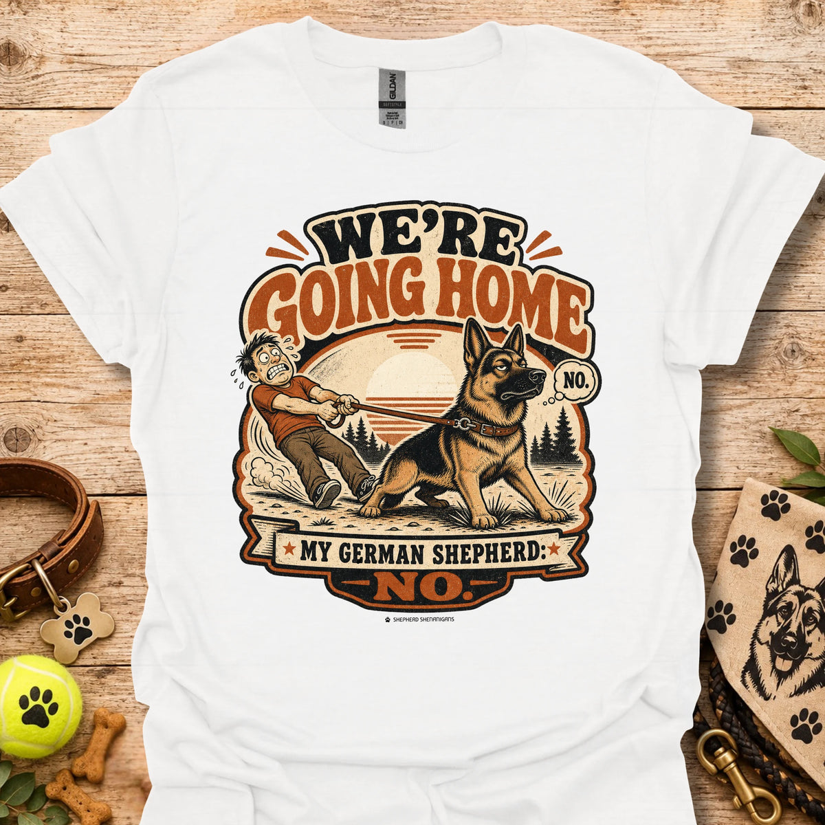 White T-shirt with German shepherd graphic and 'WE'RE GOING HOME' print