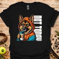Black crewneck t-shirt with orange dog holding coffee cup graphic.