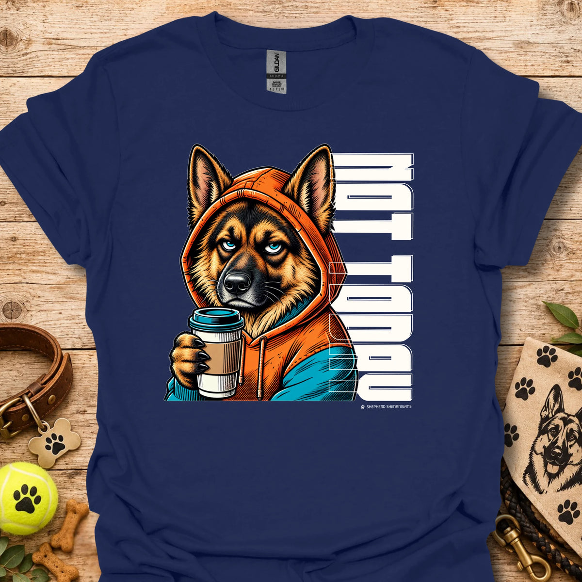 Navy crewneck t-shirt with orange dog holding coffee cup graphic.