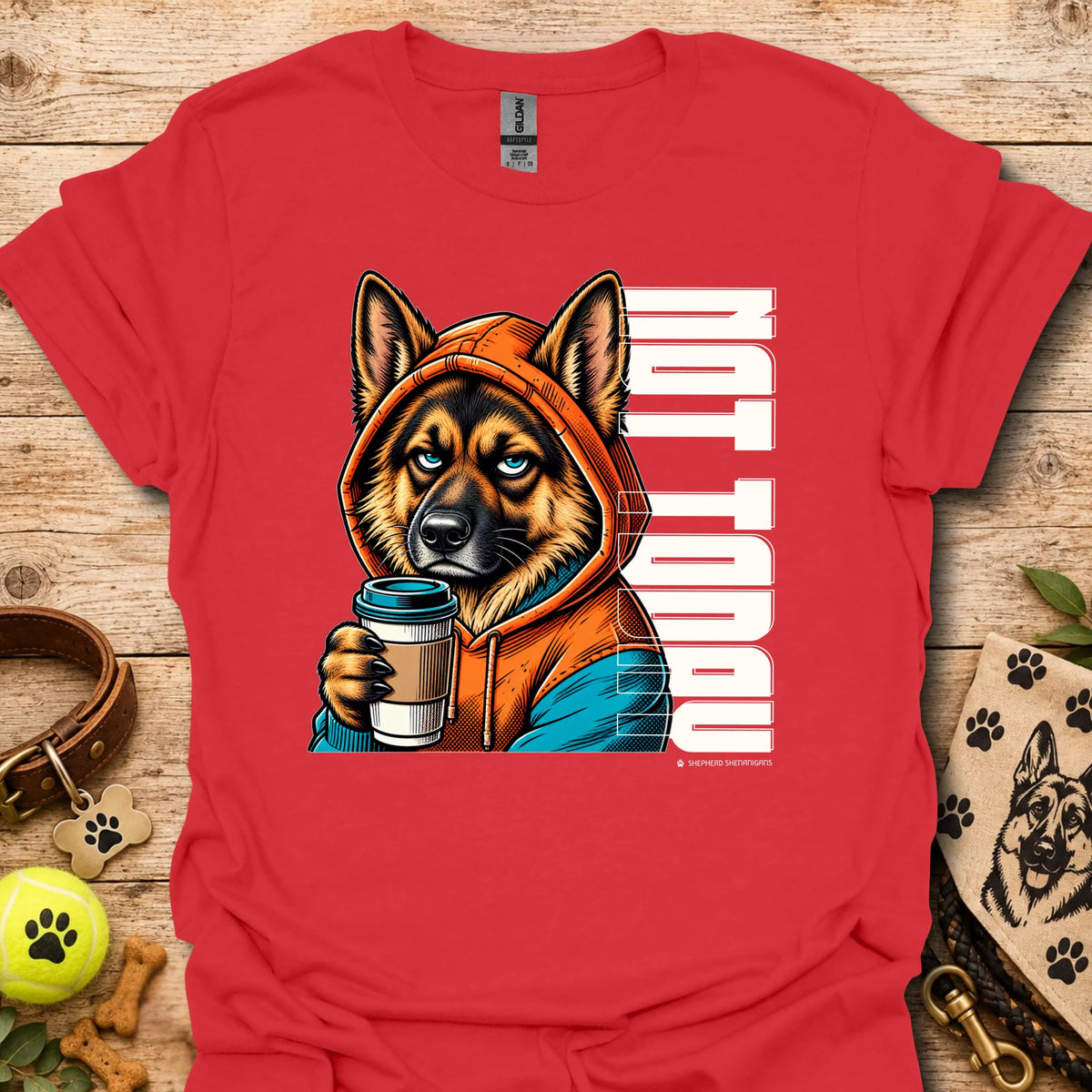 Red crewneck t-shirt with orange dog holding coffee cup graphic.