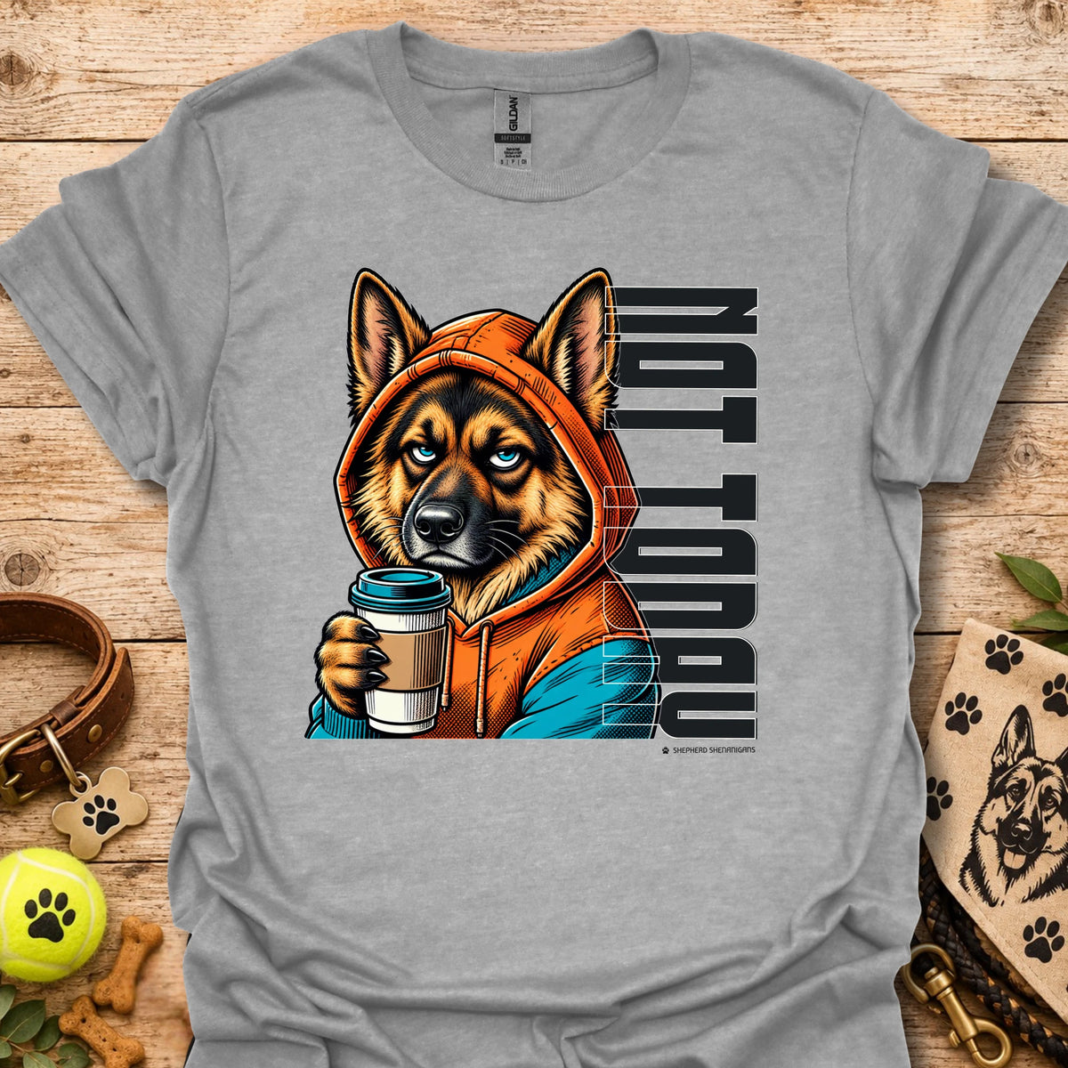 Sport grey crewneck t-shirt with orange dog holding coffee cup graphic.