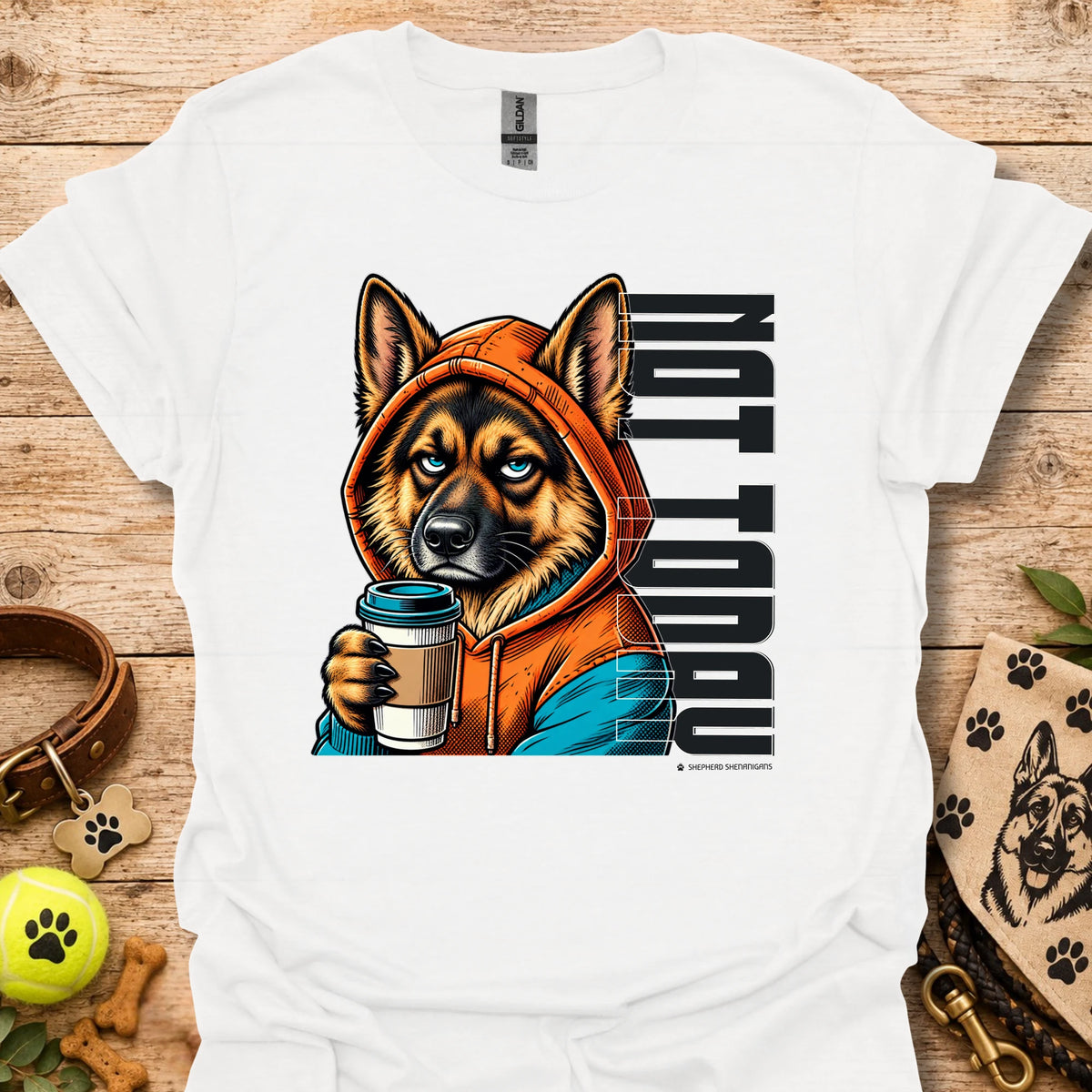 White crewneck t-shirt with orange dog holding coffee cup graphic.