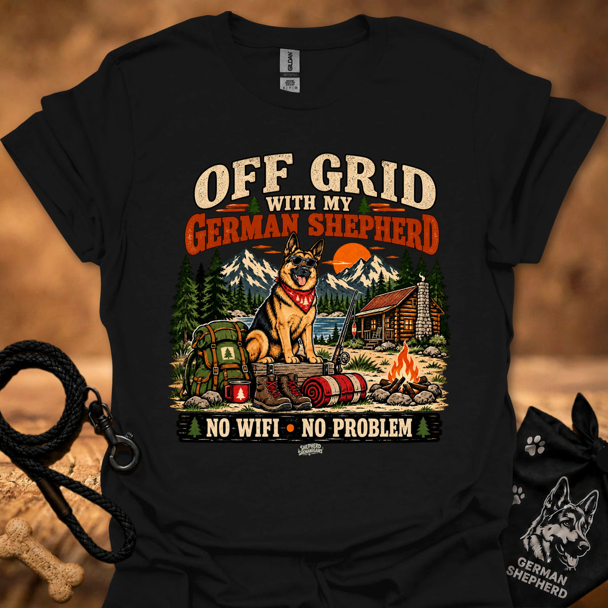 Black graphic T-shirt with German shepherd camping scene and “NO WIFI - NO PROBLEM” print