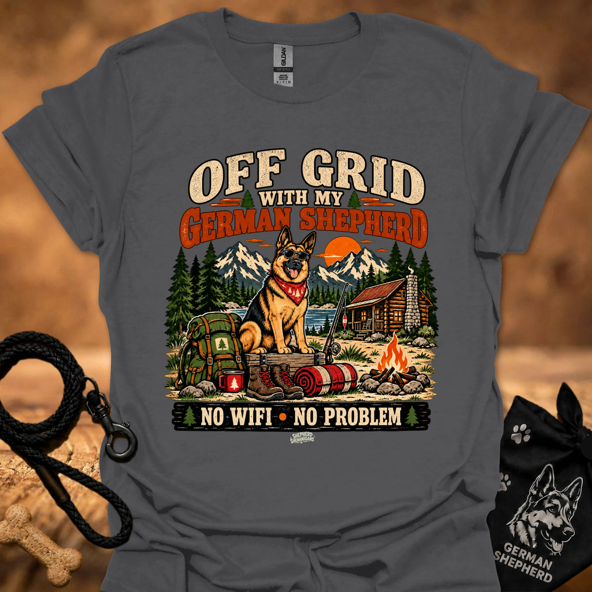 Black graphic T-shirt with German shepherd camping scene and “NO WIFI - NO PROBLEM” print