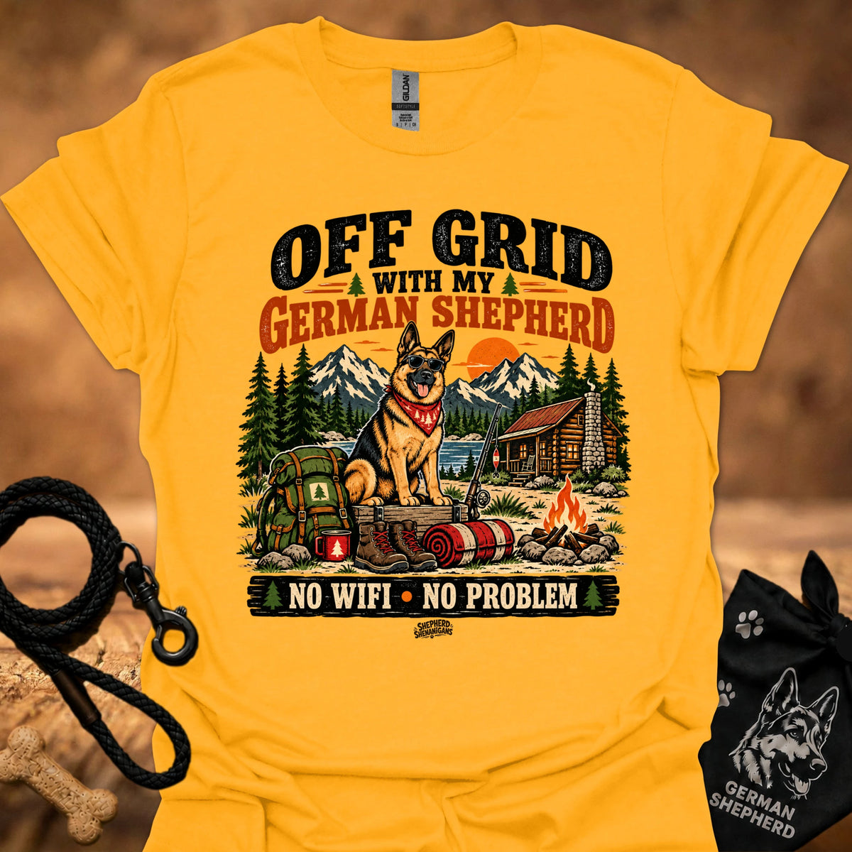 Gold yellow graphic T-shirt with German shepherd camping scene and “NO WIFI - NO PROBLEM” print