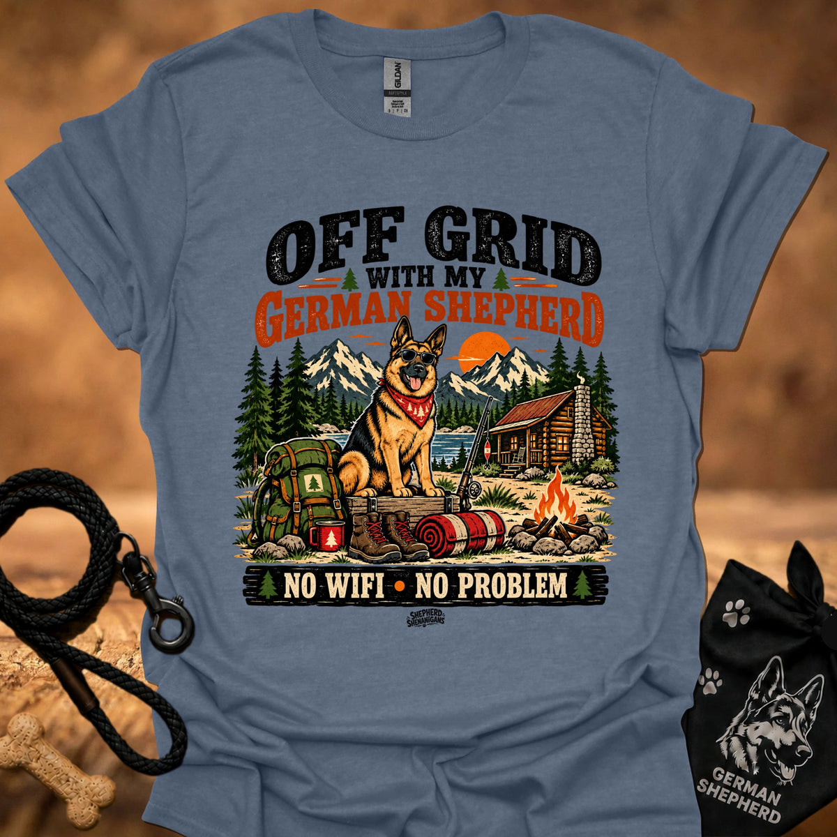 Slate blue graphic T-shirt with German shepherd camping scene and “NO WIFI - NO PROBLEM” print