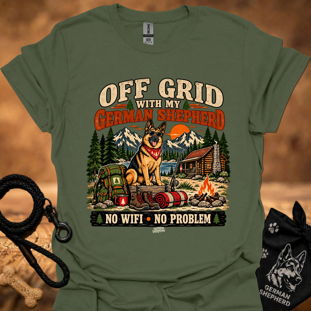 Olive green graphic T-shirt with German shepherd camping scene and “NO WIFI - NO PROBLEM” print