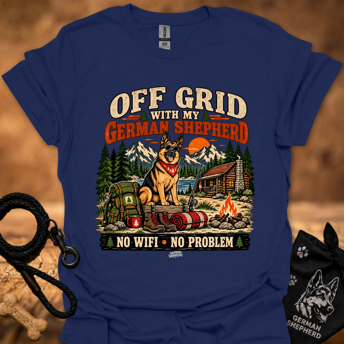 Blue graphic T-shirt with German shepherd camping scene and “NO WIFI - NO PROBLEM” print
