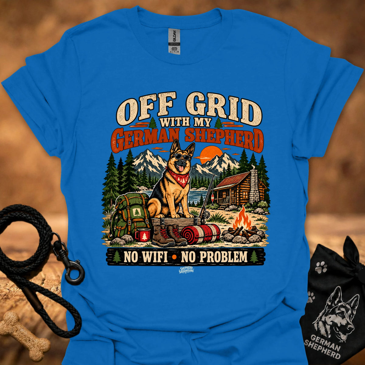 Royal blue graphic T-shirt with German shepherd camping scene and “NO WIFI - NO PROBLEM” print