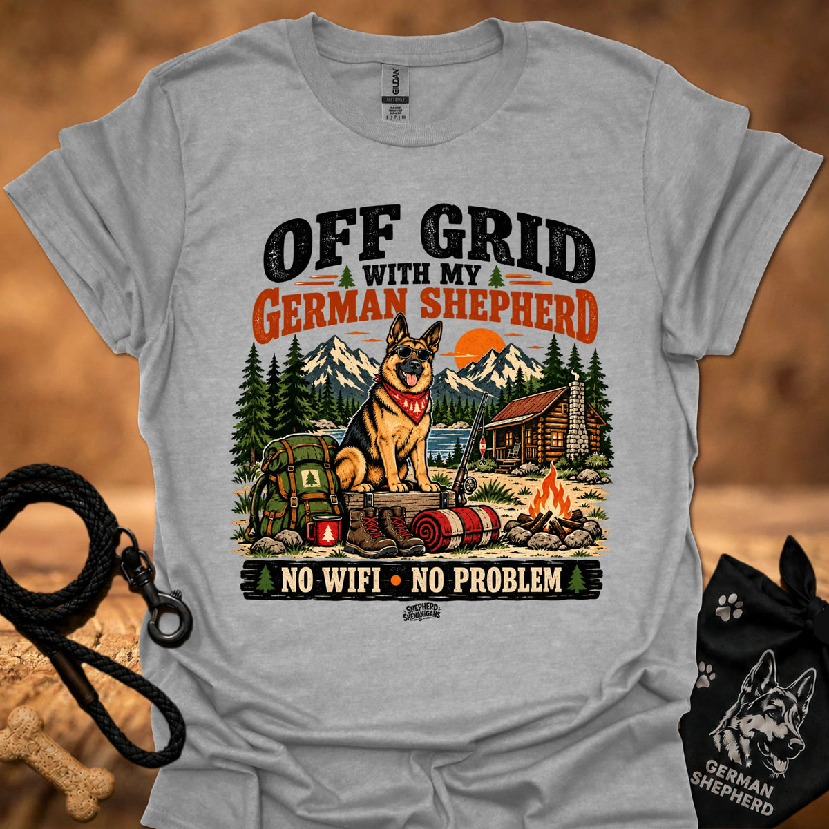 Heather gray graphic T-shirt with German shepherd camping scene and “NO WIFI - NO PROBLEM” print