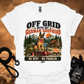 White graphic T-shirt with German shepherd camping scene and “NO WIFI - NO PROBLEM” print