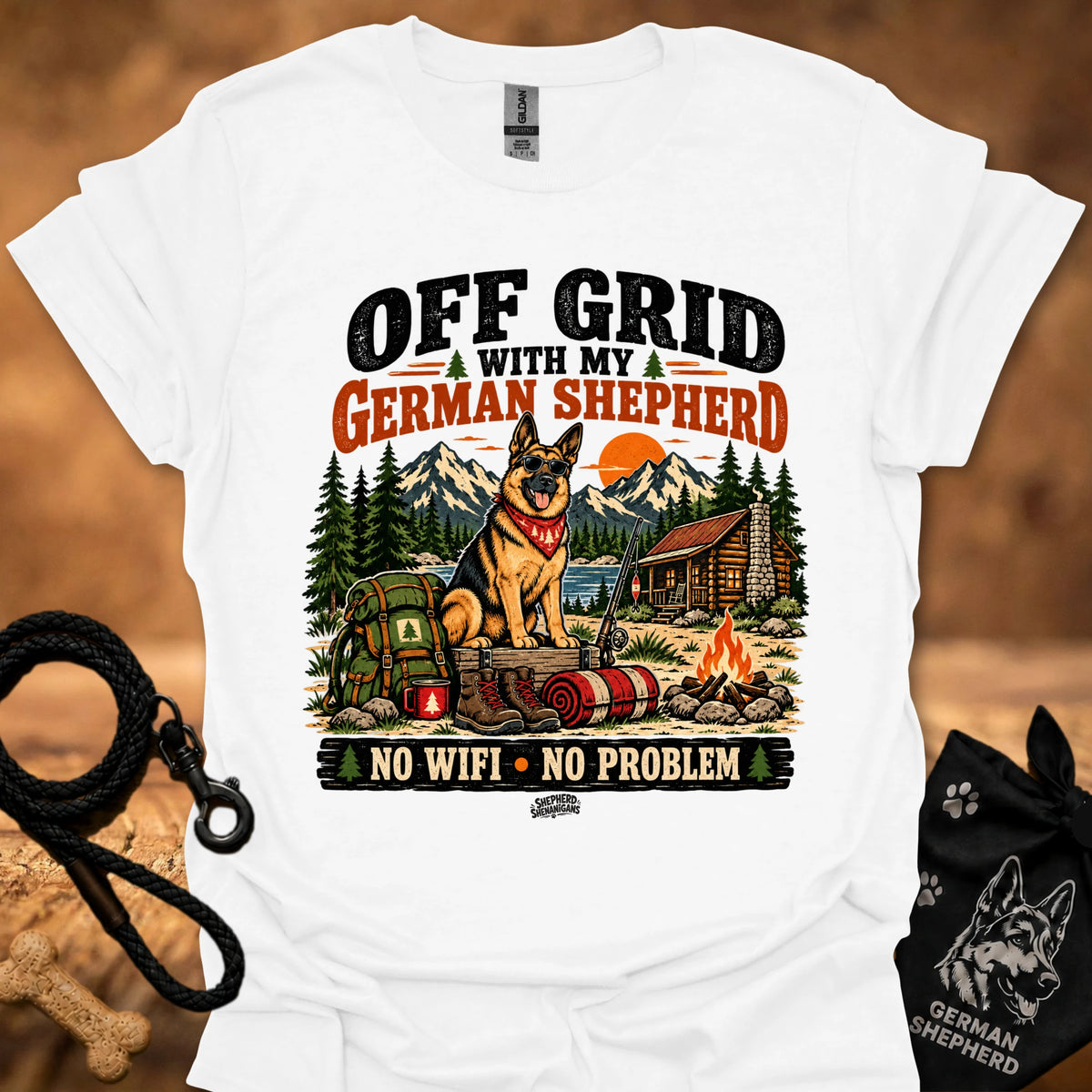 White graphic T-shirt with German shepherd camping scene and “NO WIFI - NO PROBLEM” print