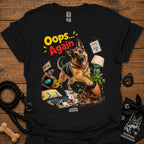 Black crewneck T-shirt with German Shepherd 'Oops... Again' front graphic