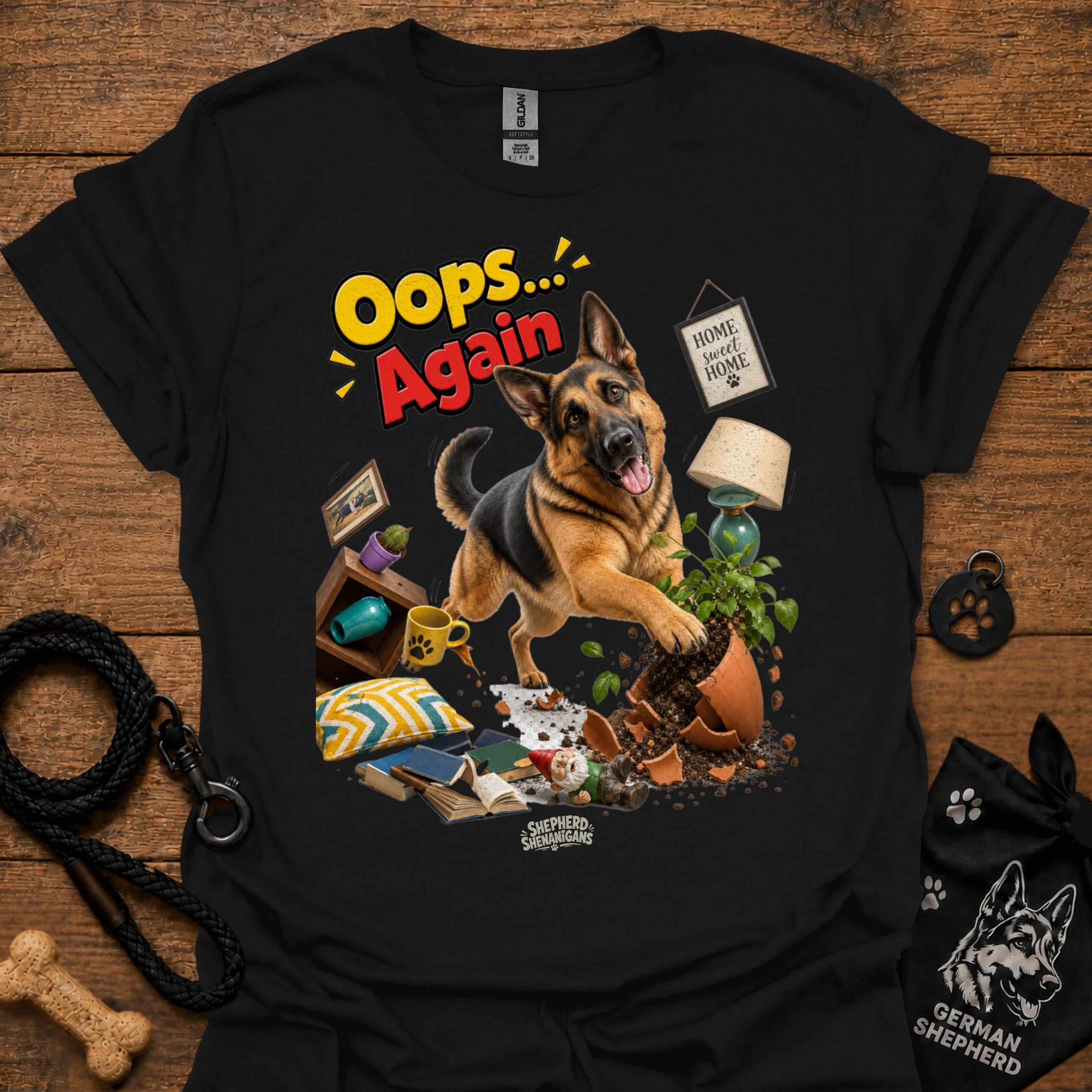 Black crewneck T-shirt with German Shepherd 'Oops... Again' front graphic