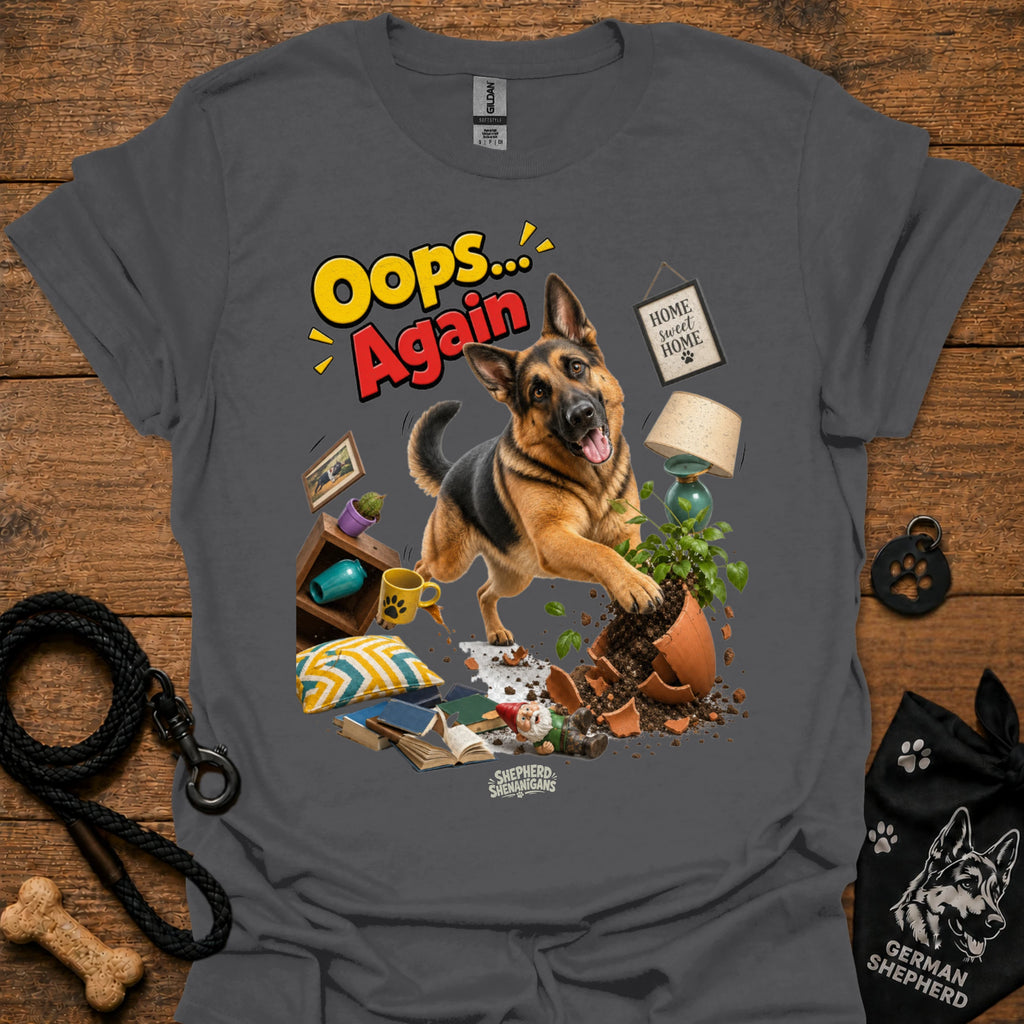 Charcoal crewneck T-shirt with German Shepherd 'Oops... Again' front graphic