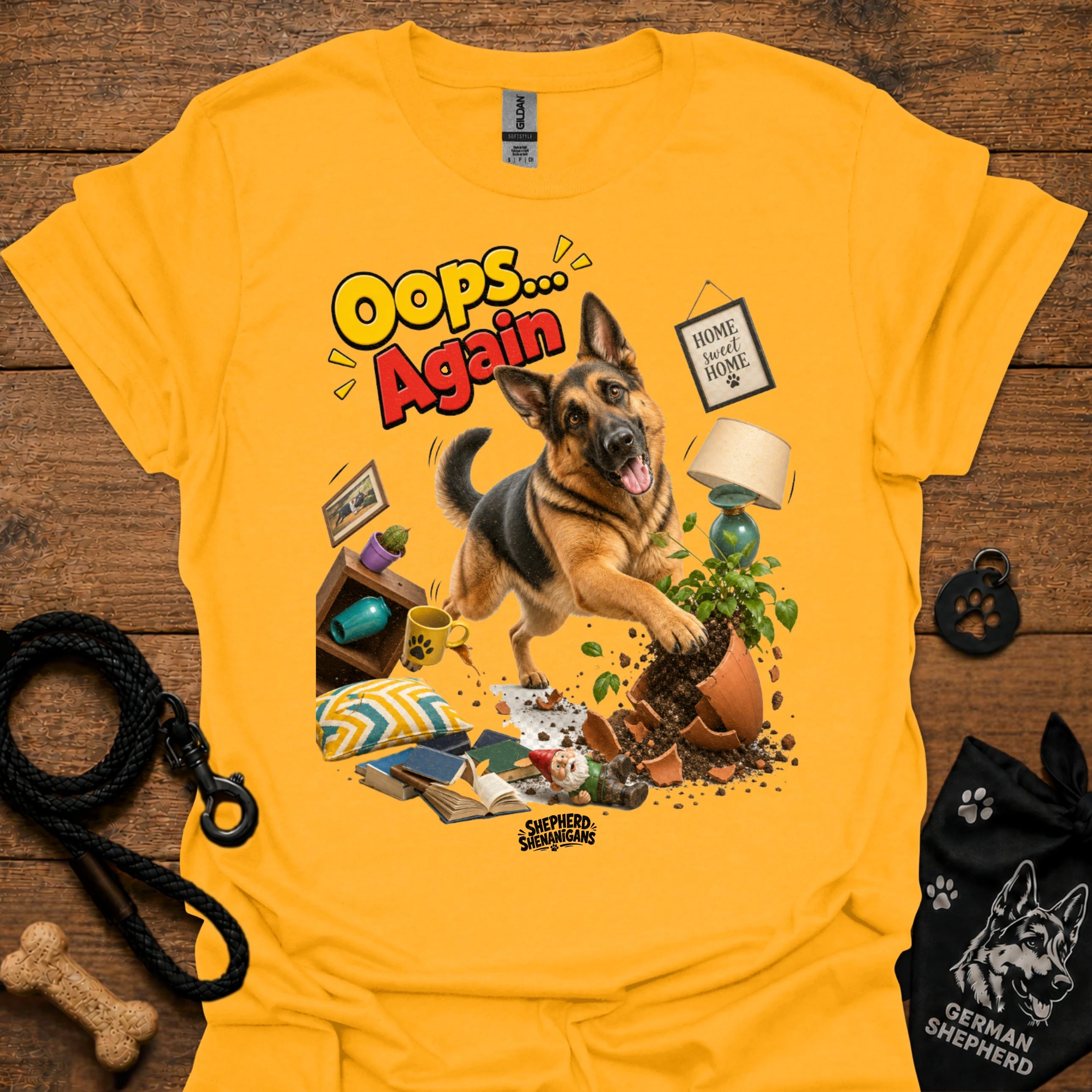 Gold crewneck T-shirt with German Shepherd 'Oops... Again' front graphic