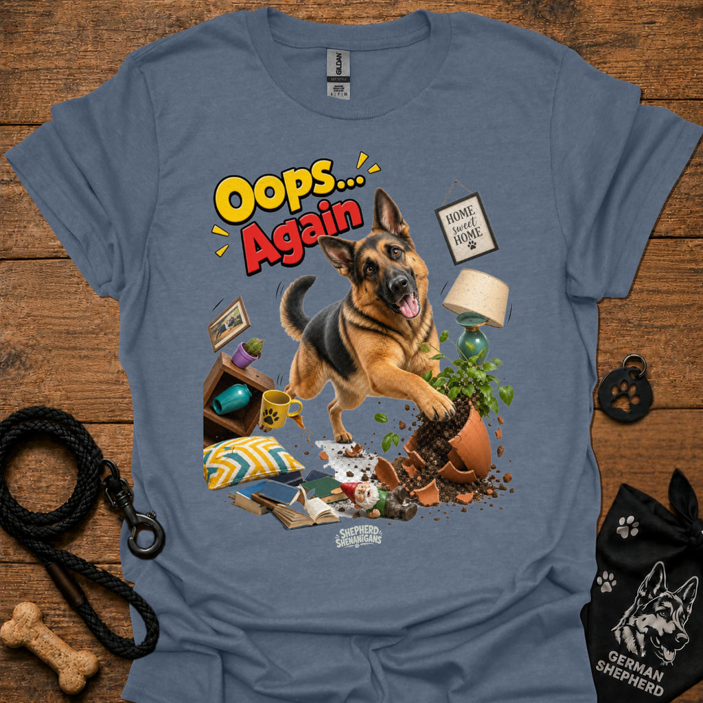 Heather indigo crewneck T-shirt with German Shepherd 'Oops... Again' front graphic